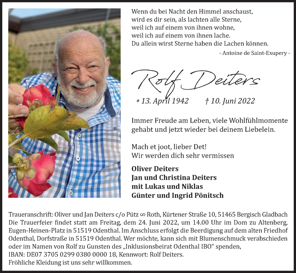 Traueranzeige für Rolf Deiters vom 21.06.2022 aus Kölner Stadt-Anzeiger / Kölnische Rundschau / Express