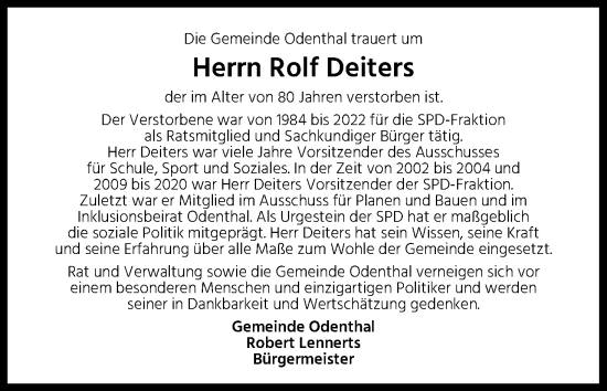 Anzeige von Rolf Deiters von Kölner Stadt-Anzeiger / Kölnische Rundschau / Express