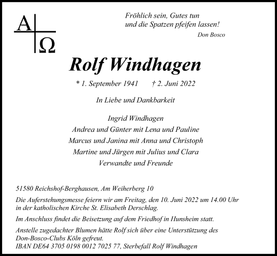 Anzeige von Rolf Windhagen von Kölner Stadt-Anzeiger / Kölnische Rundschau / Express