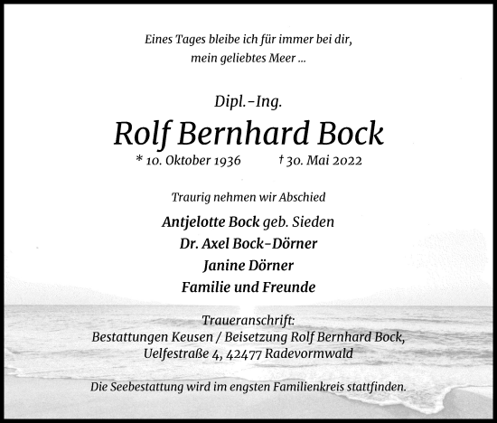 Anzeige von Rolf Bernhard Bock von Kölner Stadt-Anzeiger / Kölnische Rundschau / Express