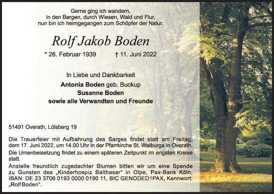 Anzeige von Rolf Jakob Boden von Kölner Stadt-Anzeiger / Kölnische Rundschau / Express