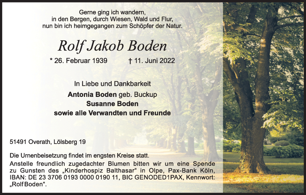 Traueranzeige für Rolf Jakob Boden vom 18.06.2022 aus Kölner Stadt-Anzeiger / Kölnische Rundschau / Express