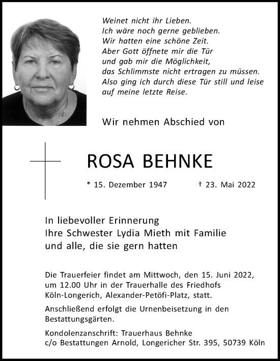 Anzeige von Rosa Behnke von Kölner Stadt-Anzeiger / Kölnische Rundschau / Express