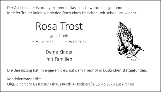 Anzeige von Rosa Trost von  Blickpunkt Euskirchen 