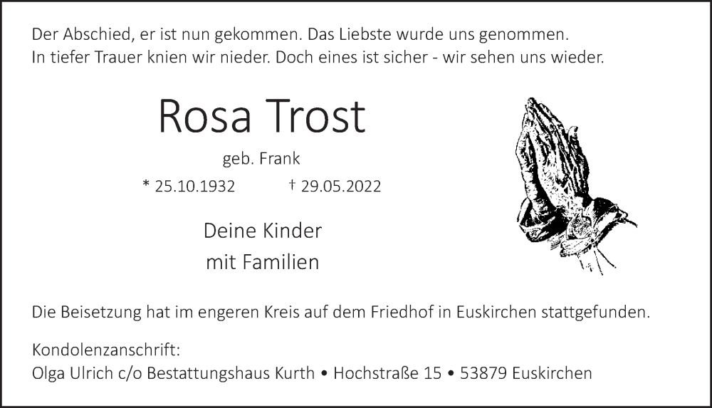  Traueranzeige für Rosa Trost vom 04.06.2022 aus  Blickpunkt Euskirchen 