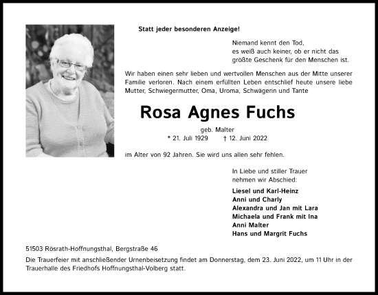 Anzeige von Rosa Agnes Fuchs von Kölner Stadt-Anzeiger / Kölnische Rundschau / Express