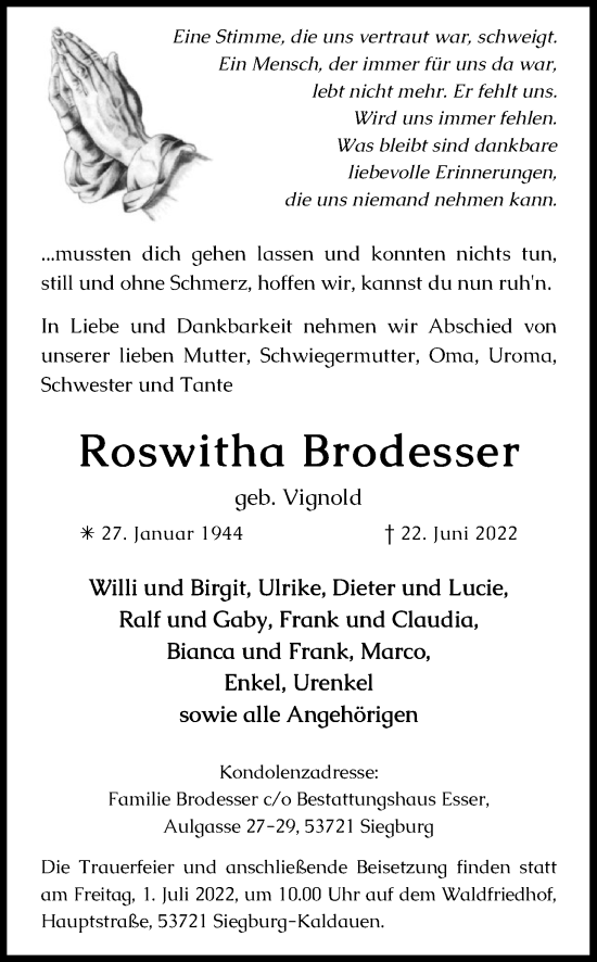 Anzeige von Roswitha Brodesser von Kölner Stadt-Anzeiger / Kölnische Rundschau / Express