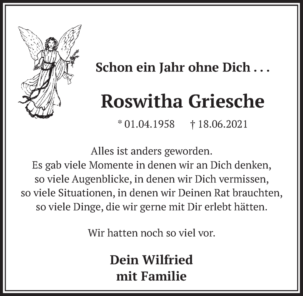  Traueranzeige für Roswitha Griesche vom 17.06.2022 aus  Werbepost 