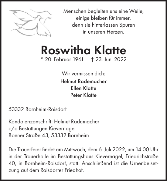 Anzeige von Roswitha Klatte von  Schaufenster/Blickpunkt 