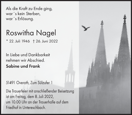 Anzeige von Roswitha Nagel von  Bergisches Handelsblatt 