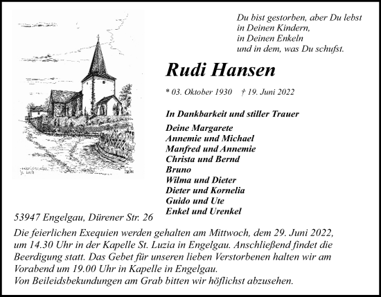 Anzeige von Rudi Hansen von Kölner Stadt-Anzeiger / Kölnische Rundschau / Express