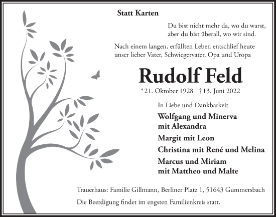 Anzeige von Rudolf Feld von  Anzeigen Echo 