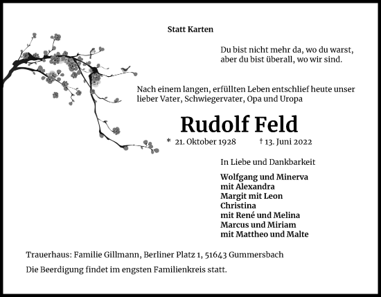 Anzeige von Rudolf Feld von Kölner Stadt-Anzeiger / Kölnische Rundschau / Express