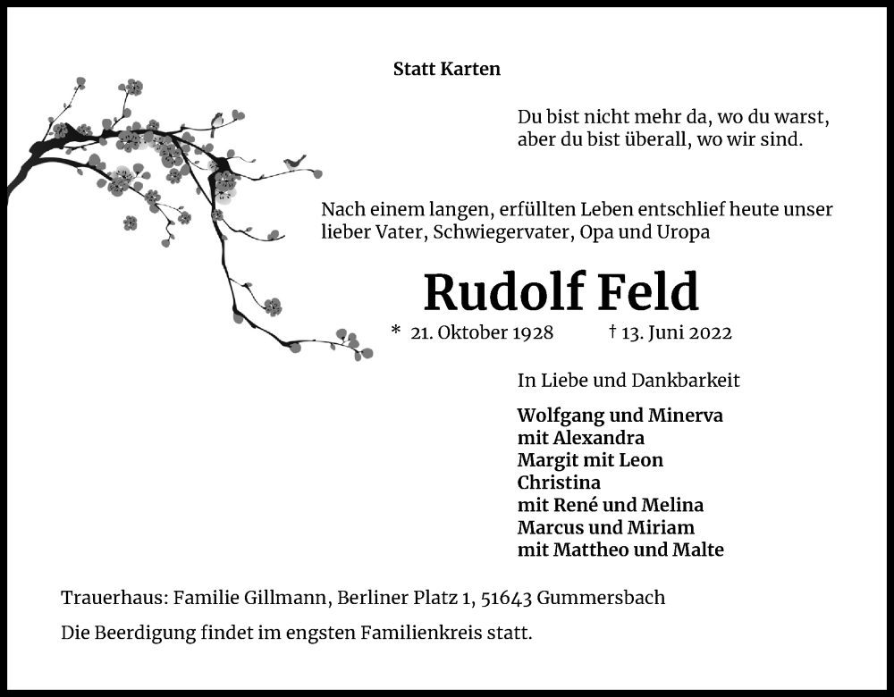  Traueranzeige für Rudolf Feld vom 25.06.2022 aus Kölner Stadt-Anzeiger / Kölnische Rundschau / Express