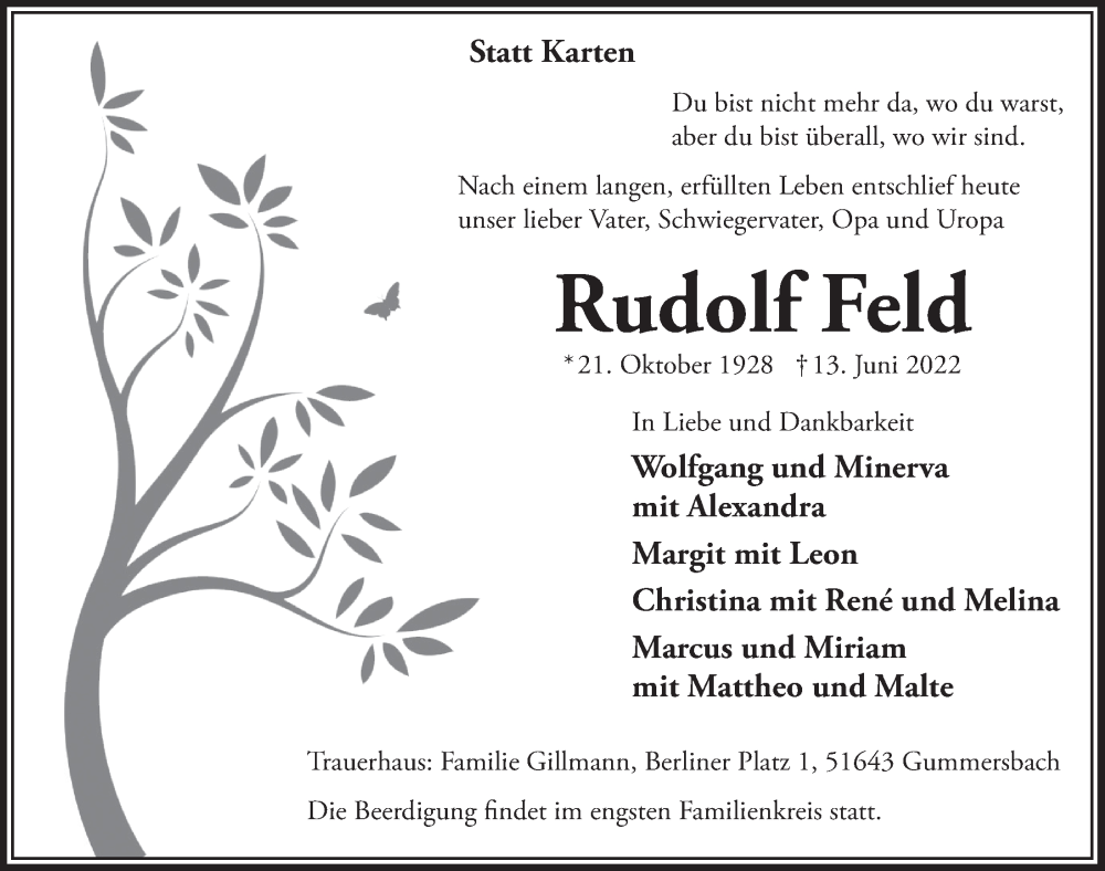  Traueranzeige für Rudolf Feld vom 24.06.2022 aus  Anzeigen Echo 