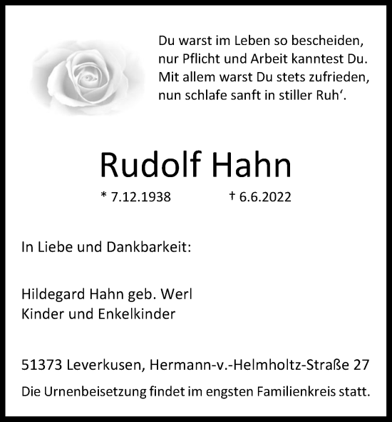 Anzeige von Rudolf Hahn von Kölner Stadt-Anzeiger / Kölnische Rundschau / Express