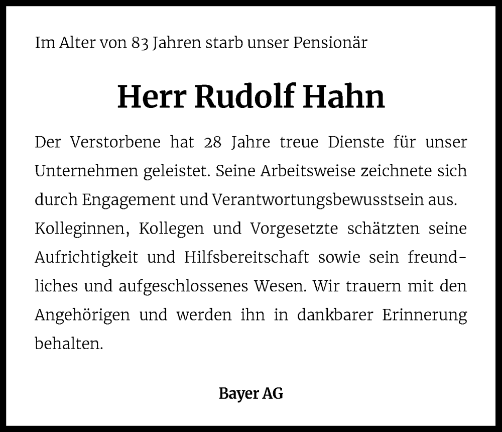  Traueranzeige für Rudolf Hahn vom 25.06.2022 aus Kölner Stadt-Anzeiger / Kölnische Rundschau / Express