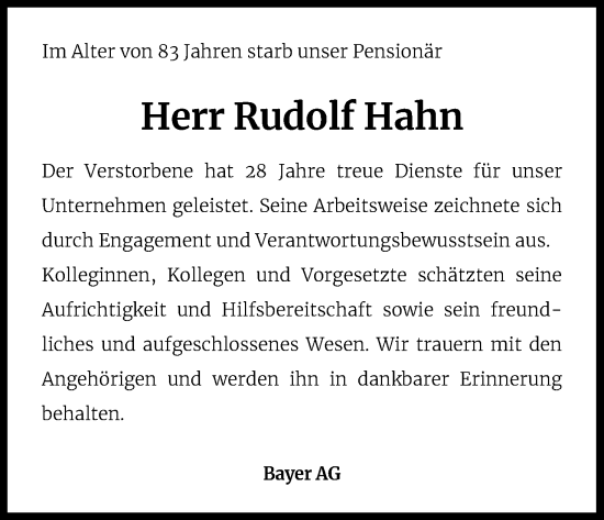 Anzeige von Rudolf Hahn von Kölner Stadt-Anzeiger / Kölnische Rundschau / Express
