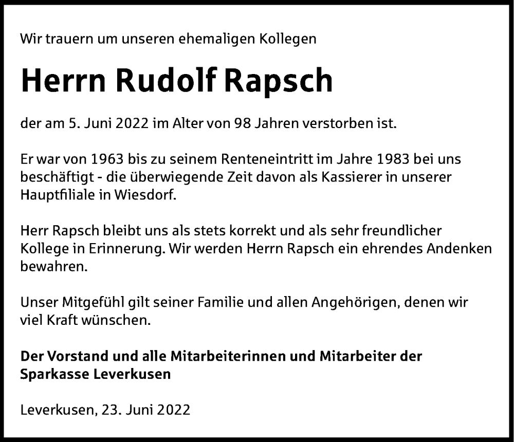  Traueranzeige für Rudolf Rapsch vom 23.06.2022 aus Kölner Stadt-Anzeiger / Kölnische Rundschau / Express