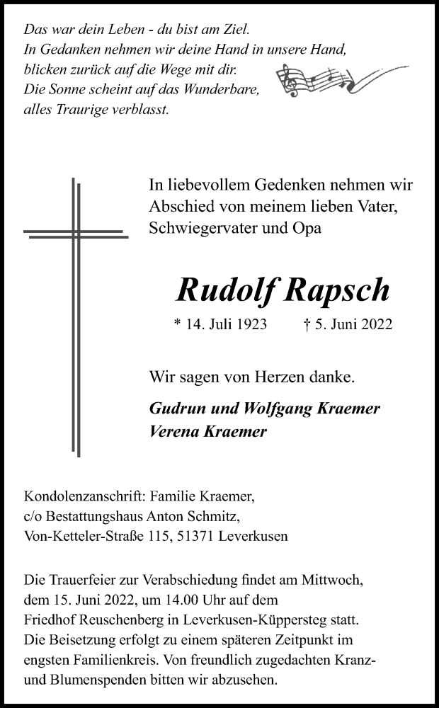  Traueranzeige für Rudolf Rapsch vom 11.06.2022 aus Kölner Stadt-Anzeiger / Kölnische Rundschau / Express
