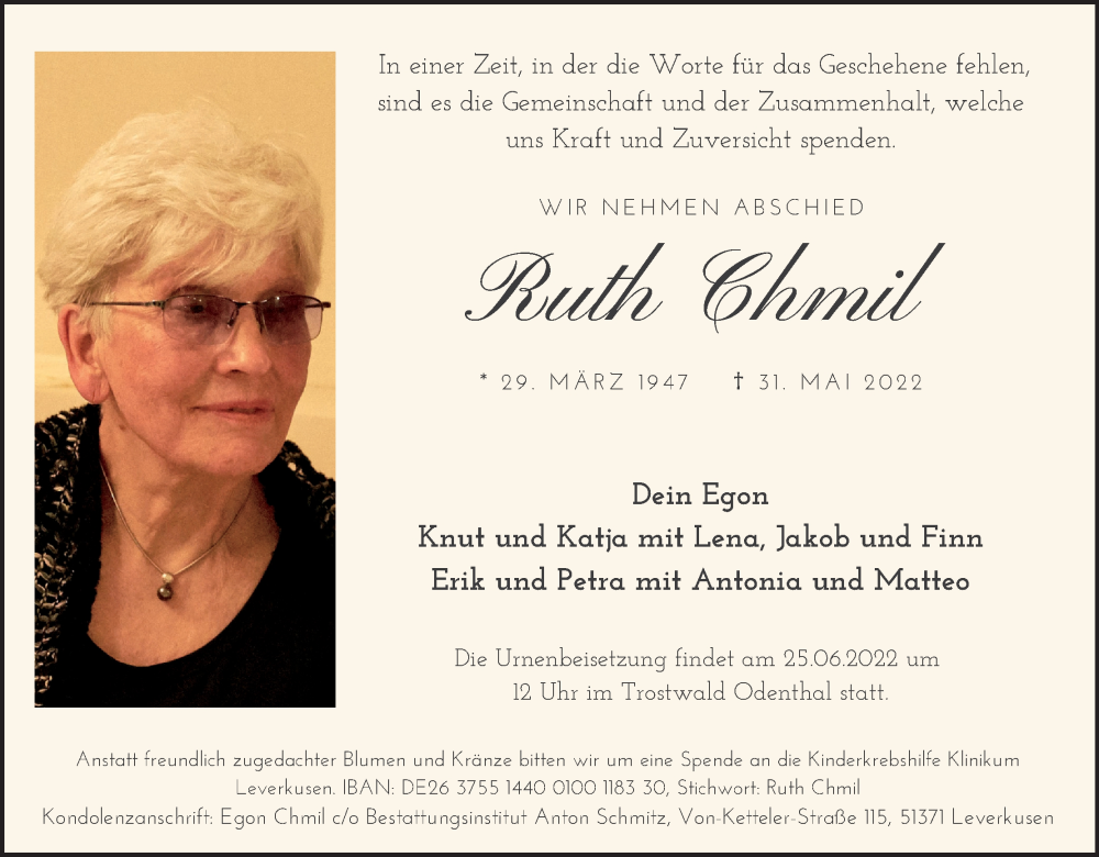  Traueranzeige für Ruth Chmil vom 11.06.2022 aus Kölner Stadt-Anzeiger / Kölnische Rundschau / Express