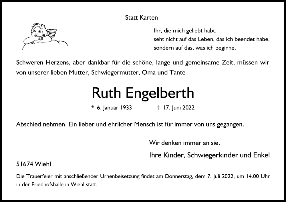  Traueranzeige für Ruth Engelberth vom 01.07.2022 aus Kölner Stadt-Anzeiger / Kölnische Rundschau / Express