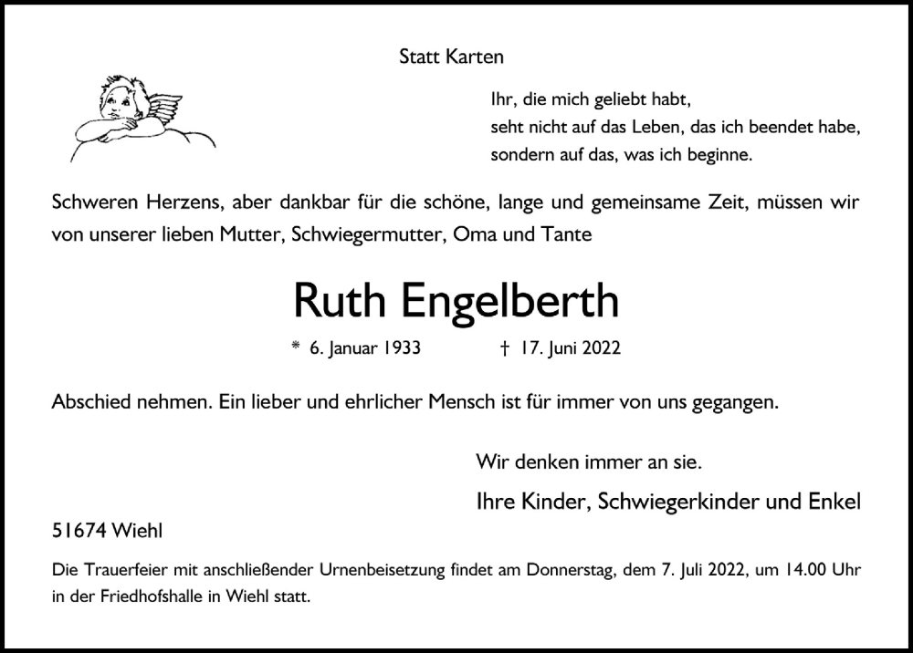  Traueranzeige für Ruth Engelberth vom 01.07.2022 aus  Anzeigen Echo  Lokalanzeiger 