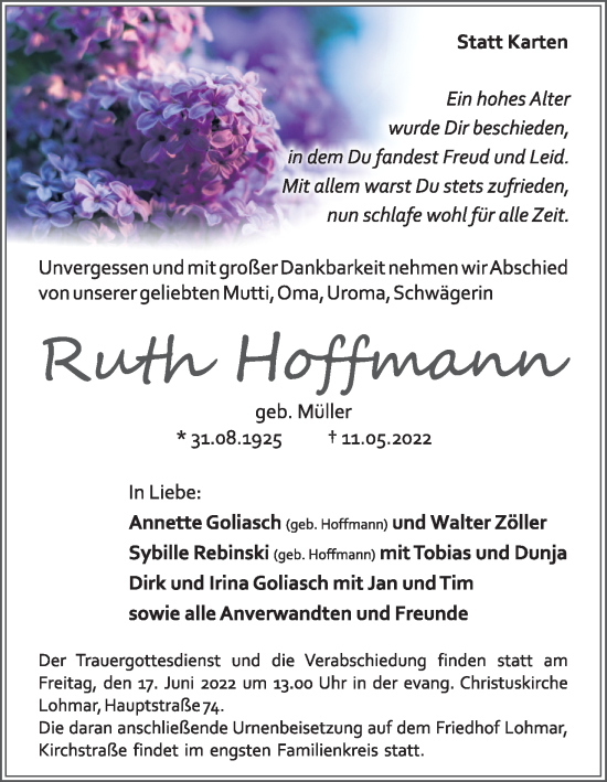 Anzeige von Ruth Hoffmann von Kölner Stadt-Anzeiger / Kölnische Rundschau / Express
