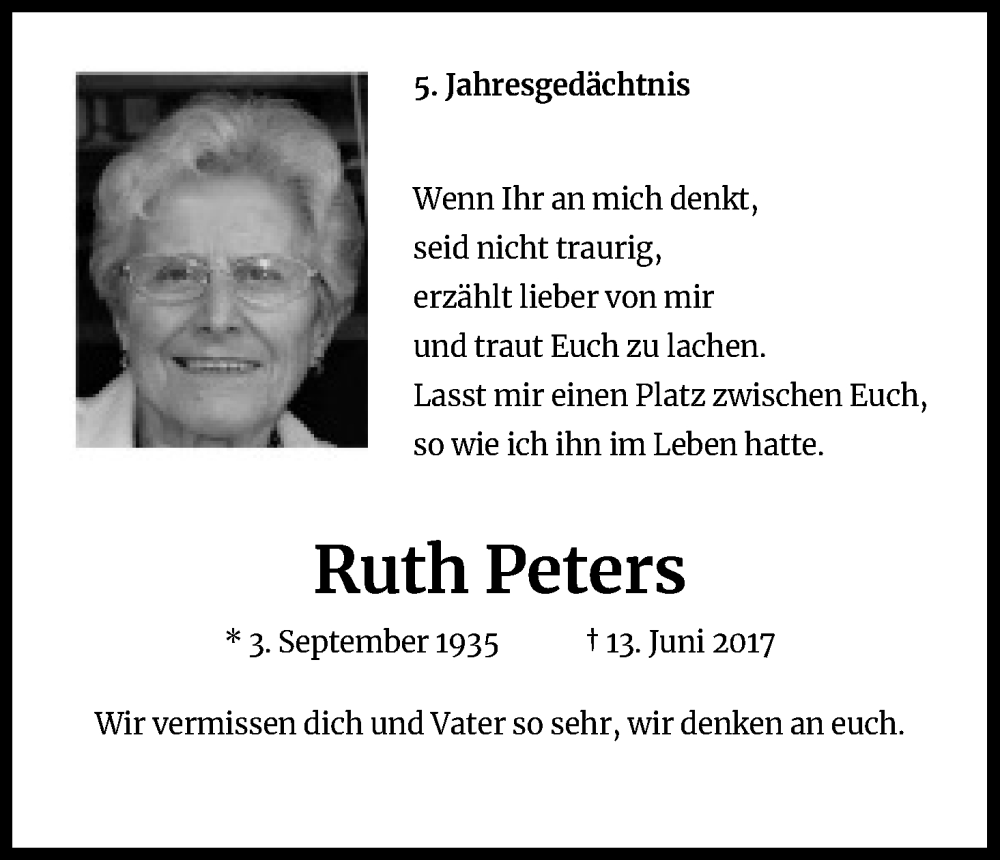  Traueranzeige für Ruth Peters vom 13.06.2022 aus Kölner Stadt-Anzeiger / Kölnische Rundschau / Express