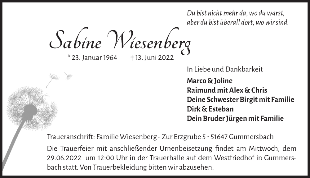  Traueranzeige für Sabine Wiesenberg vom 24.06.2022 aus  Anzeigen Echo 