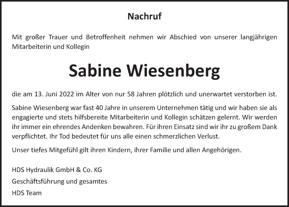  Traueranzeige für Sabine Wiesenberg vom 24.06.2022 aus  Anzeigen Echo 