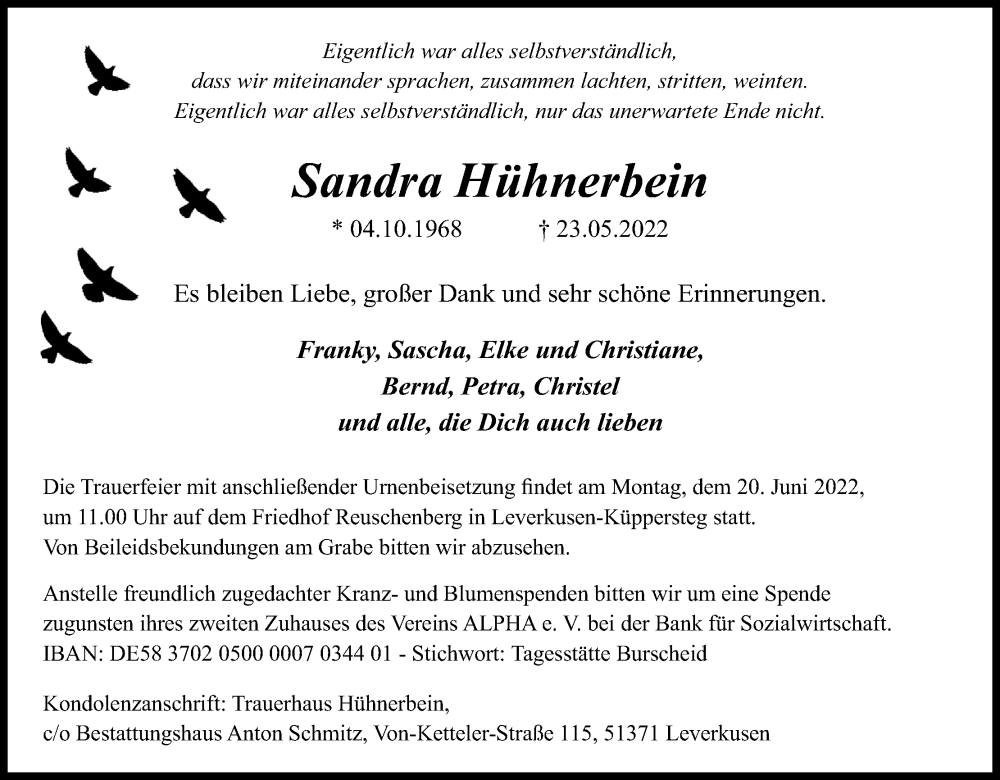  Traueranzeige für Sandra Hühnerbein vom 11.06.2022 aus Kölner Stadt-Anzeiger / Kölnische Rundschau / Express