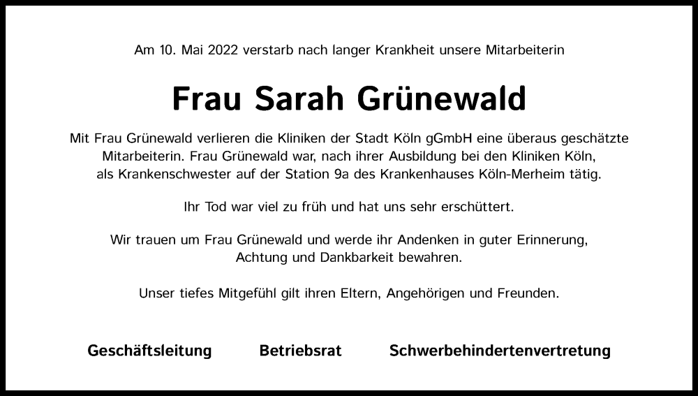  Traueranzeige für Sarah Grünewald vom 11.06.2022 aus Kölner Stadt-Anzeiger / Kölnische Rundschau / Express