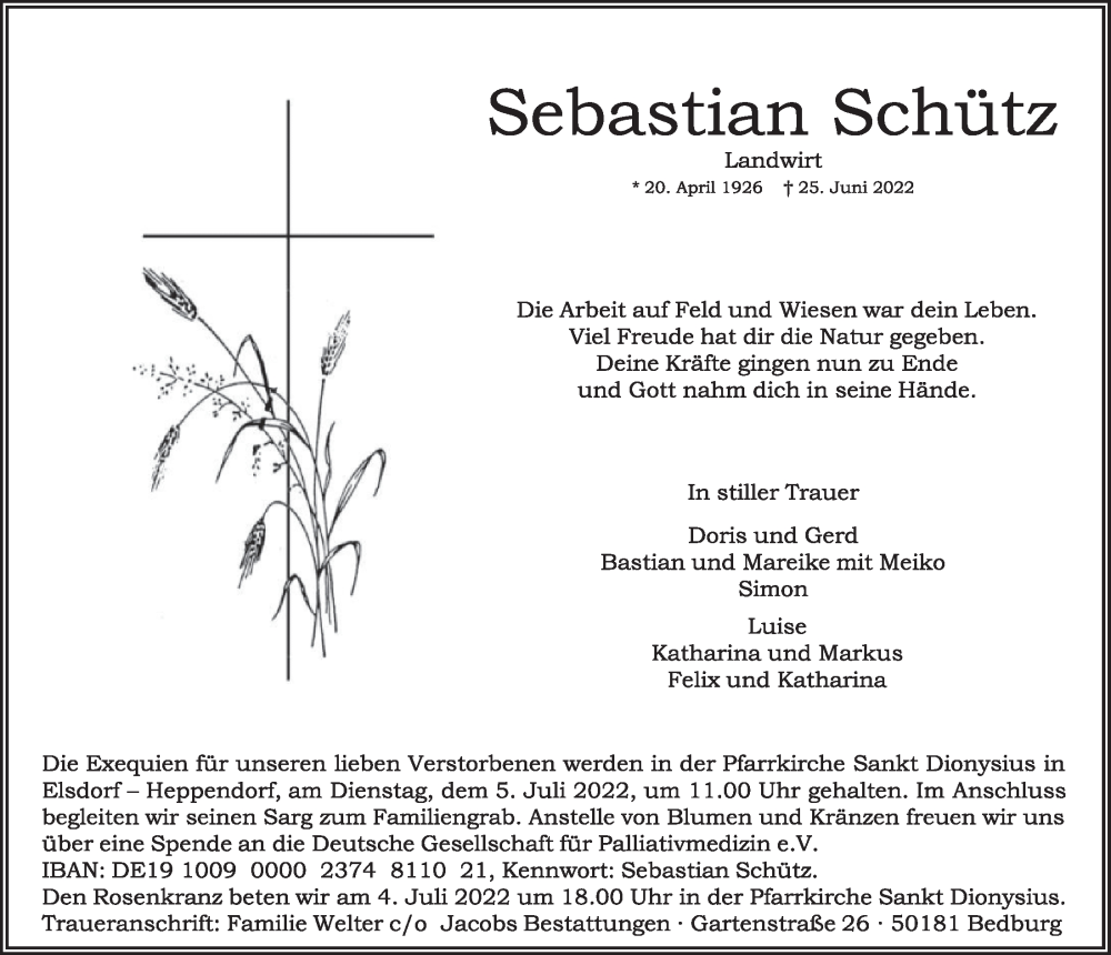  Traueranzeige für Sebastian Schütz vom 01.07.2022 aus  Werbepost 