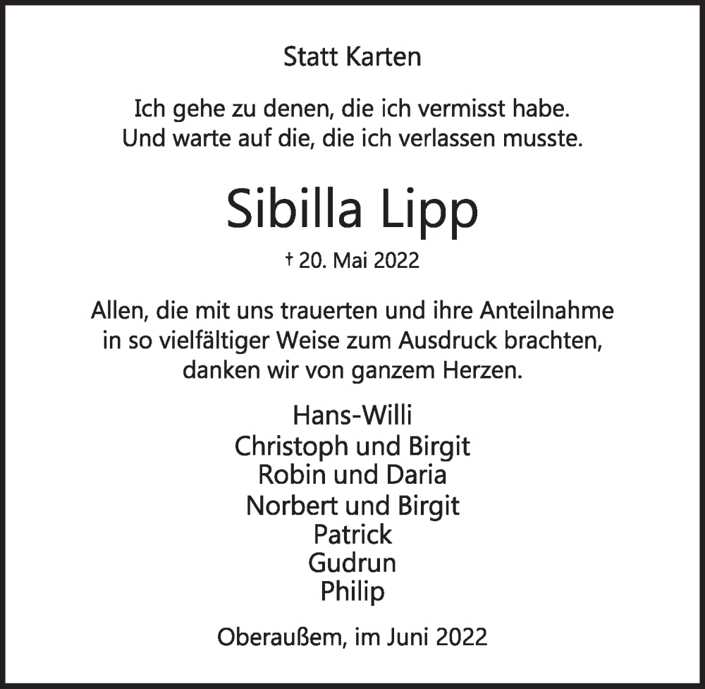  Traueranzeige für Sibilla Lipp vom 24.06.2022 aus  Werbepost 