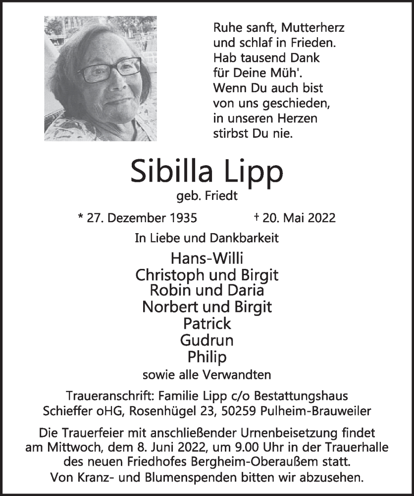  Traueranzeige für Sibilla Lipp vom 03.06.2022 aus  Werbepost 