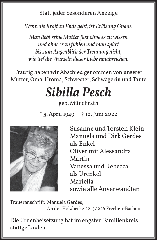  Traueranzeige für Sibilla Pesch vom 24.06.2022 aus  Wochenende 