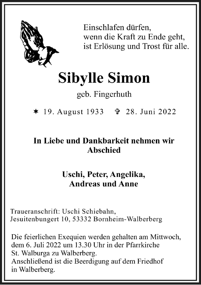  Traueranzeige für Sibylle Simon vom 01.07.2022 aus  Schlossbote/Werbekurier 