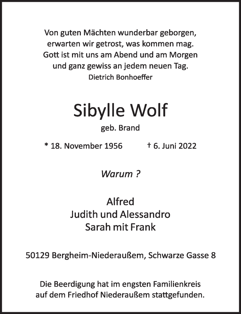  Traueranzeige für Sibylle Wolf vom 17.06.2022 aus  Werbepost 