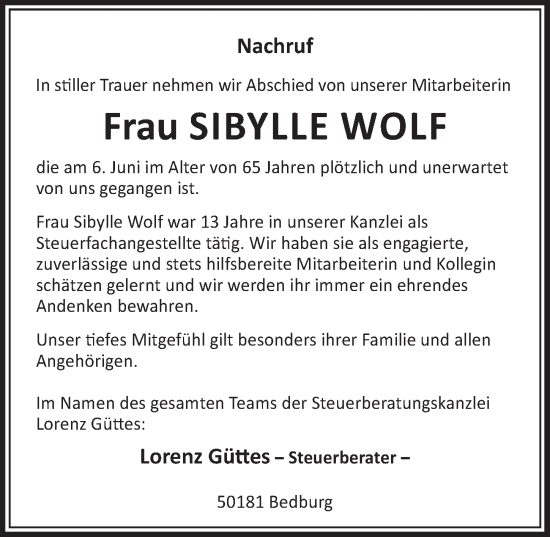 Anzeige von Sibylle Wolf von  Werbepost 