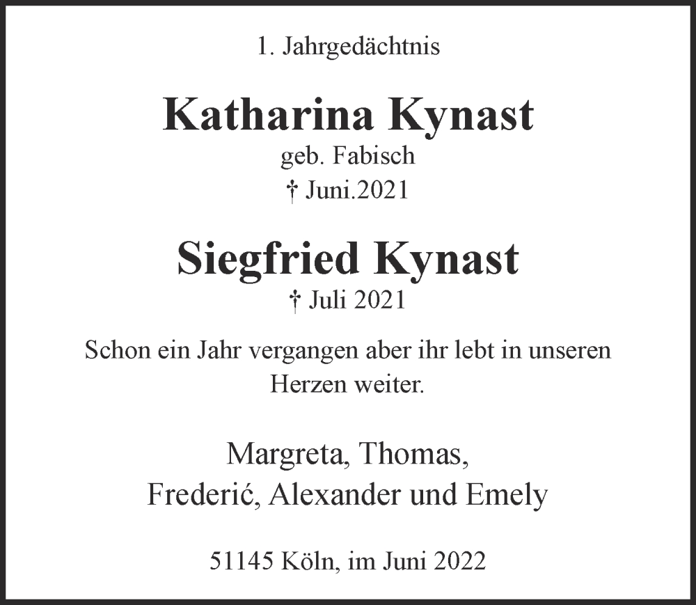  Traueranzeige für Siegfried Kynast vom 24.06.2022 aus  EXPRESS - Die Woche 