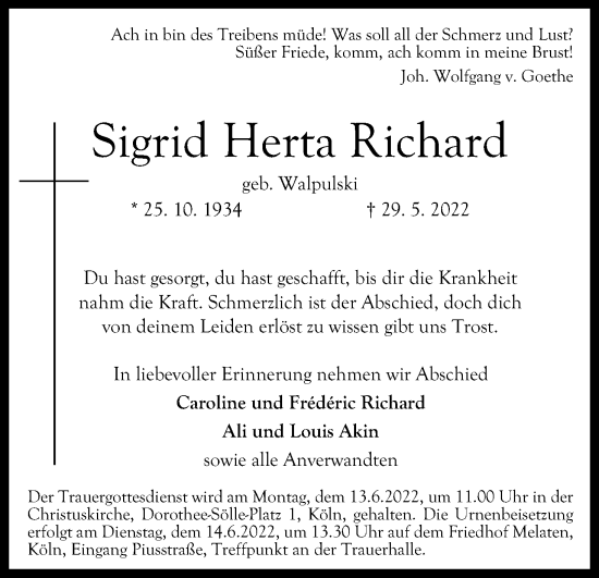 Anzeige von Sigrid Herta Richard von Kölner Stadt-Anzeiger / Kölnische Rundschau / Express