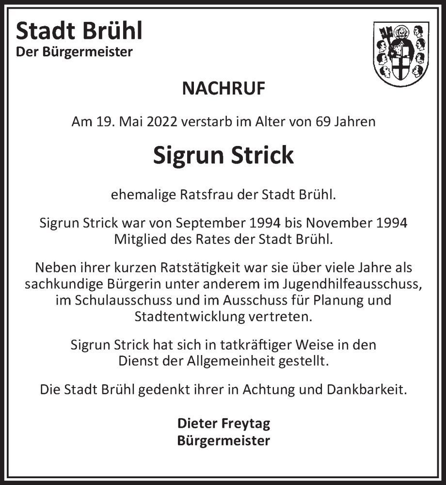  Traueranzeige für Sigrun Strick vom 03.06.2022 aus  Schlossbote/Werbekurier 