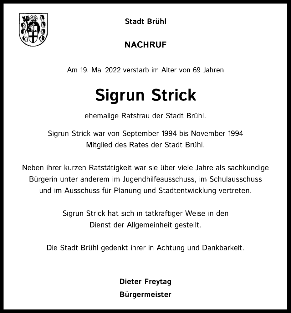  Traueranzeige für Sigrun Strick vom 04.06.2022 aus Kölner Stadt-Anzeiger / Kölnische Rundschau / Express