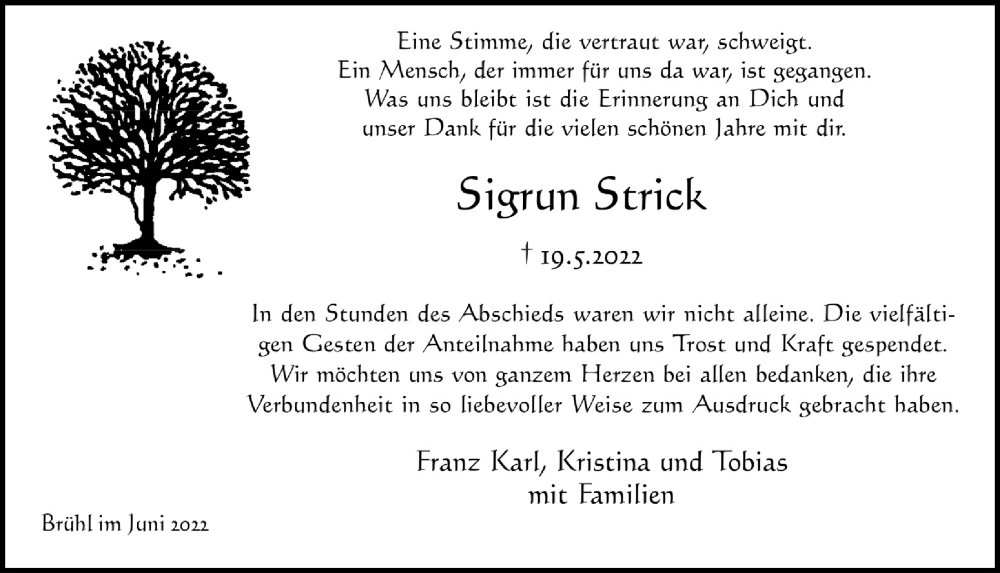  Traueranzeige für Sigrun Strick vom 24.06.2022 aus  Schlossbote/Werbekurier 