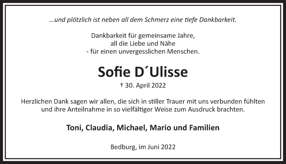  Traueranzeige für Sofie D´Ulisse vom 17.06.2022 aus  Werbepost 