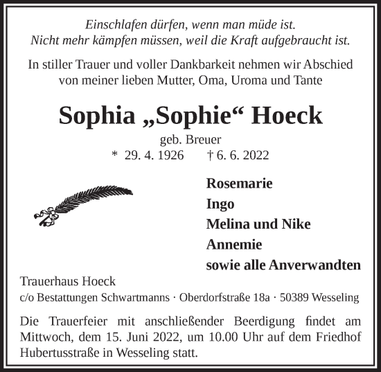 Anzeige von Sophia Hoeck von  Schlossbote/Werbekurier 