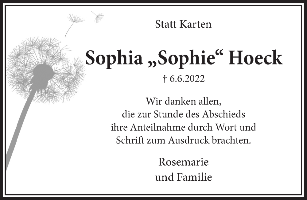  Traueranzeige für Sophia Hoeck vom 01.07.2022 aus  Schlossbote/Werbekurier 