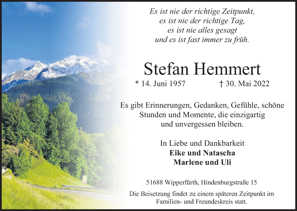  Traueranzeige für Stefan Hemmert vom 11.06.2022 aus Kölner Stadt-Anzeiger / Kölnische Rundschau / Express