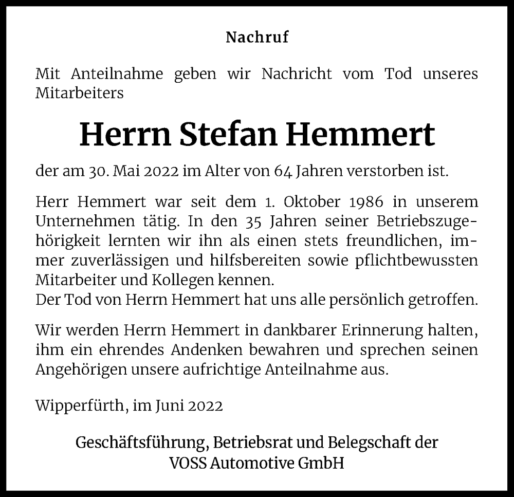  Traueranzeige für Stefan Hemmert vom 11.06.2022 aus Kölner Stadt-Anzeiger / Kölnische Rundschau / Express